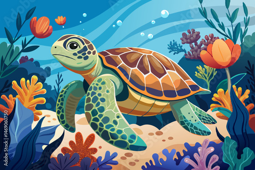 Sea turtle splashes on the seabed with corals wallpaper