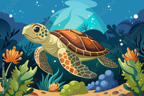 Sea turtle splashes on the seabed with corals wallpaper