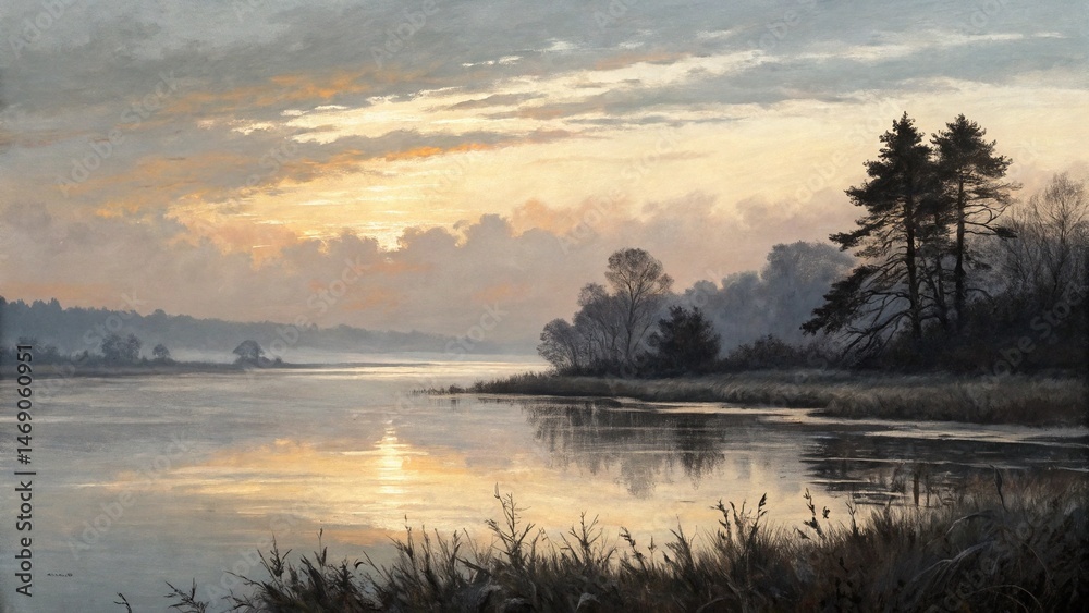 Fototapeta premium Serene Morning Lake Landscape with Misty Shoreline and Golden Sky Reflection