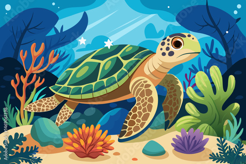Sea turtle splashes on the seabed with corals wallpaper