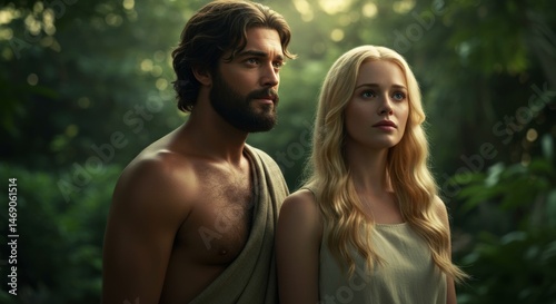 Adam and Eve in the Garden of Eden, a biblical scene of creation and innocence, surrounded by lush greenery and divine light