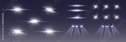 Collection of light effects, light of lights and spotlights, star flash. On a transparent background.