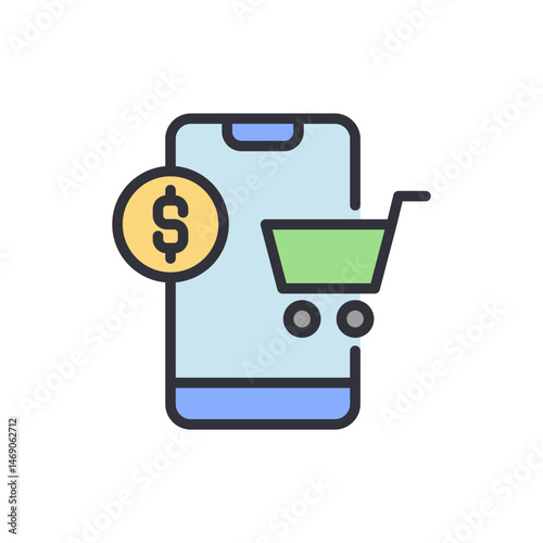 Simple Mobile Shopping Concept: Digital Cart and Coin on Modern Smartphone