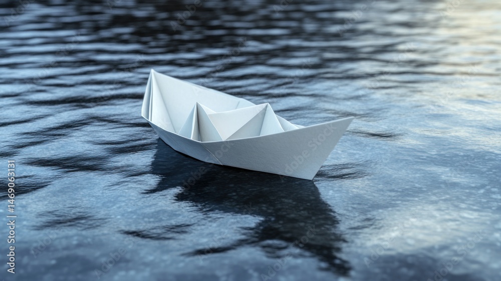 Paper boat floating peacefully on water surface creating a serene and reflective scene, symbolizing childhood dreams and nautical adventures, evoking a sense of tranquility and freedom Paper boat floating peacefully on water surface creating a serene and reflective scene, symbolizing childhood dreams and nautical adventures, evoking a sense of tranquility and freedom