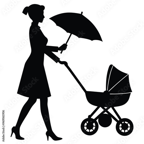 mom silhouette holding an umbrella and pushing stroller