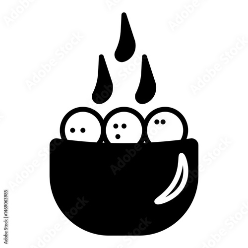 solid black shape representing a bowl with three round objects and rising heat.