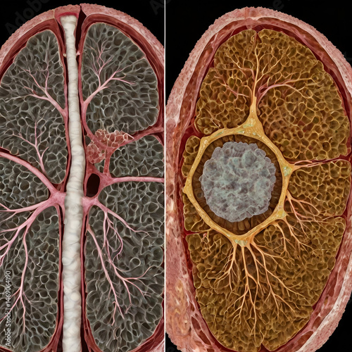 Comparative Cross-Section of Human Lungs and Liver Structures