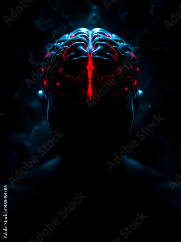 Brainwave disruption. Brain fog. Metaphorical severe anxiety awareness of a mental illusion. Hallucination in darkness. Hallucination - due to severe anxiety: abstract image of mental state.