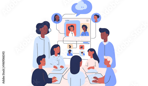 Diverse team video conference, with speech-bubble overlays and modern UI elements