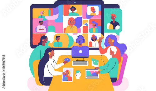 Diverse team video conference, with speech-bubble overlays and modern UI elements