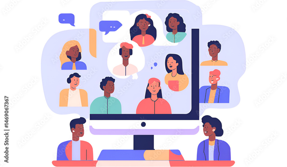 Diverse team video conference, with speech-bubble overlays and modern UI elements Diverse team video conference, with speech-bubble overlays and modern UI elements