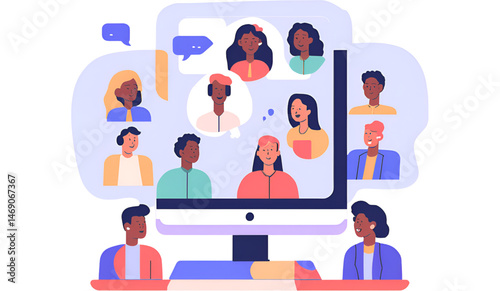Diverse team video conference, with speech-bubble overlays and modern UI elements