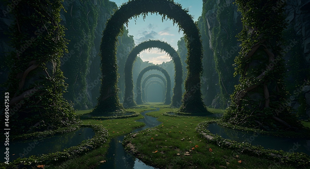 Obraz premium Pathway with Arches in Lush Green Garden Setting