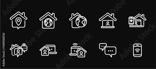 Remote Work Line Icons . Freelancer Work from Home, Video Call, Online Meeting, Teleconference Vector Set
