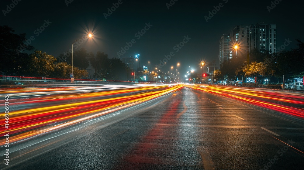 Fototapeta premium Long Exposure Night City Traffic Light Trails in Urban Setting