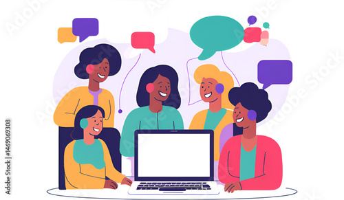 Diverse team video conference, with speech-bubble overlays and modern UI elements