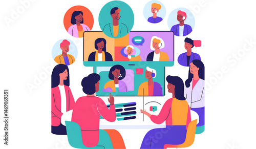Diverse team video conference, with speech-bubble overlays and modern UI elements