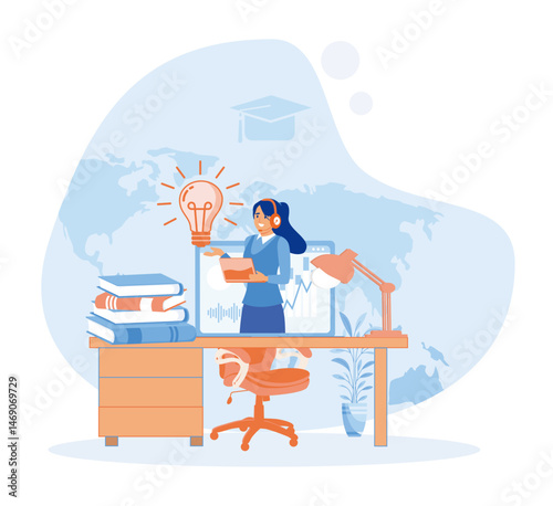 Online education concept. A teacher with Educational Iconography and Technology.