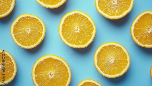 Orange Halves on Blue Surface, Circular Slice Pattern