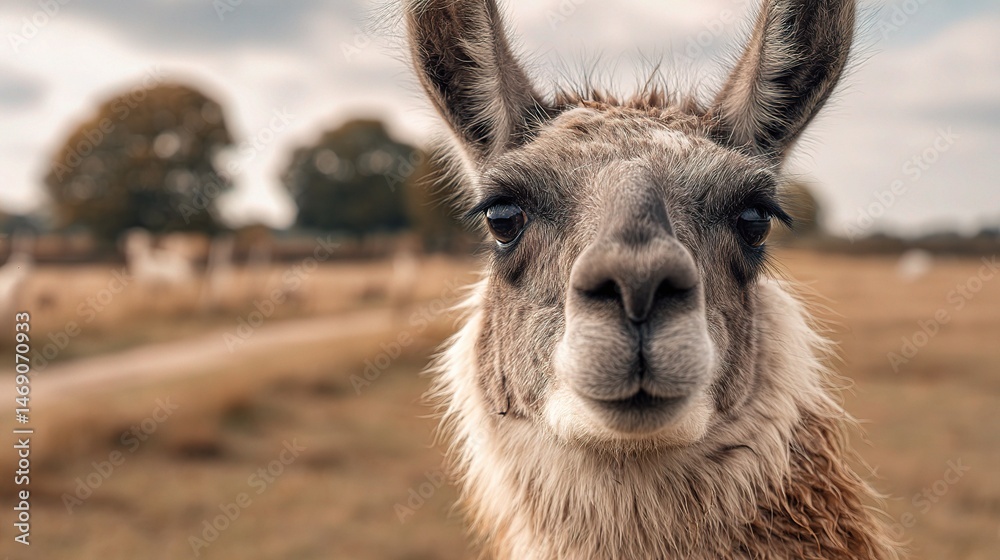 Obraz premium Curious Llama Gazing at Camera with Wide Eyes in Natural Setting