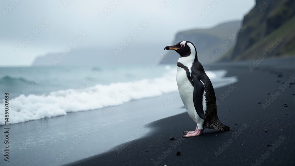 Fototapeta premium Penguin On Black Sand Beach, Iceland