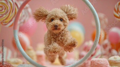Cute Poodle Jumping Through Hoop at Colorful Birthday Celebration