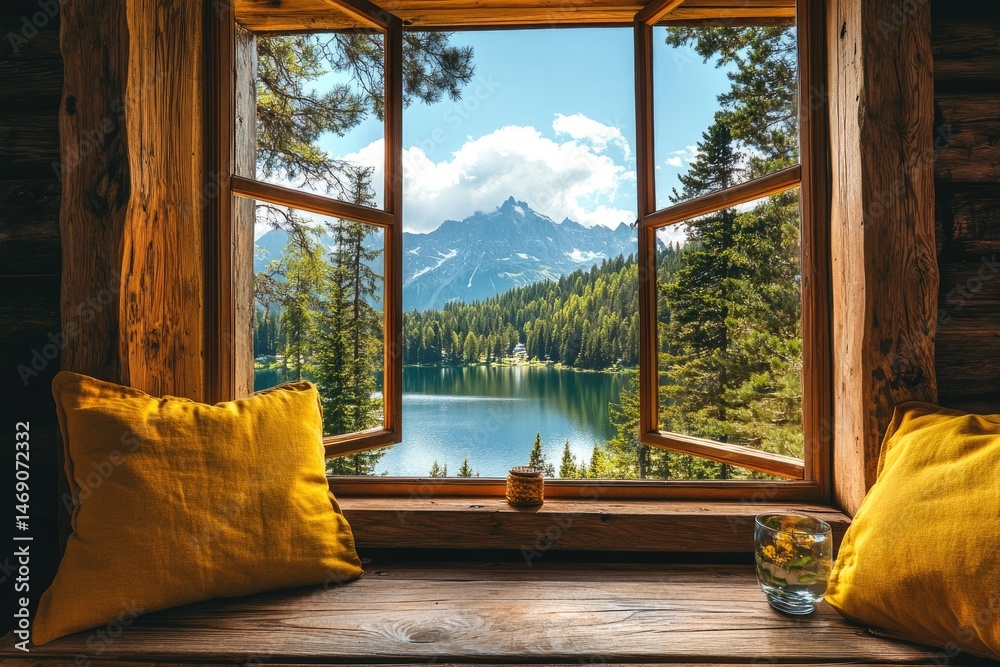 Fototapeta premium Mountain Lake View from Wooden Cabin Window