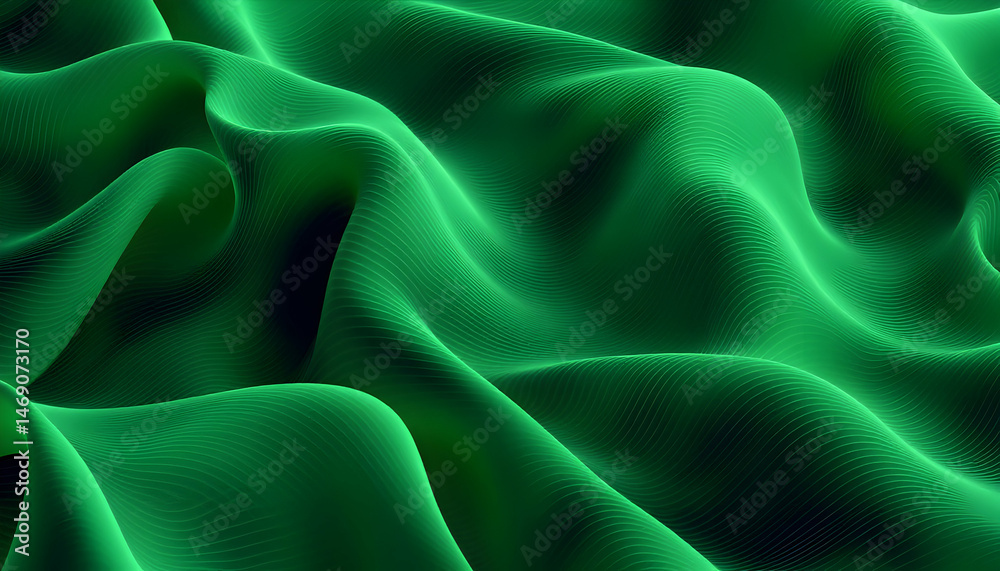 Fototapeta premium Abstract green fabric waves background with gentle lines and folds.