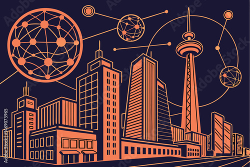 27 Futuristic cityscape, cyberpunk, digital art, glowing circles, neon lights, skyscrapers, orange and blue color scheme, abstract, technological, data visualization, floating orbs, interconnected net