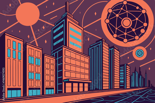 27 Futuristic cityscape, cyberpunk, digital art, glowing circles, neon lights, skyscrapers, orange and blue color scheme, abstract, technological, data visualization, floating orbs, interconnected net