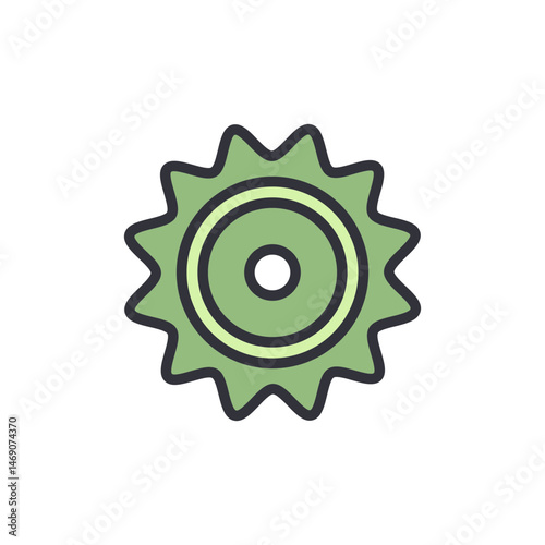 Stylized green sprocket wheel with jagged edges against a white backdrop