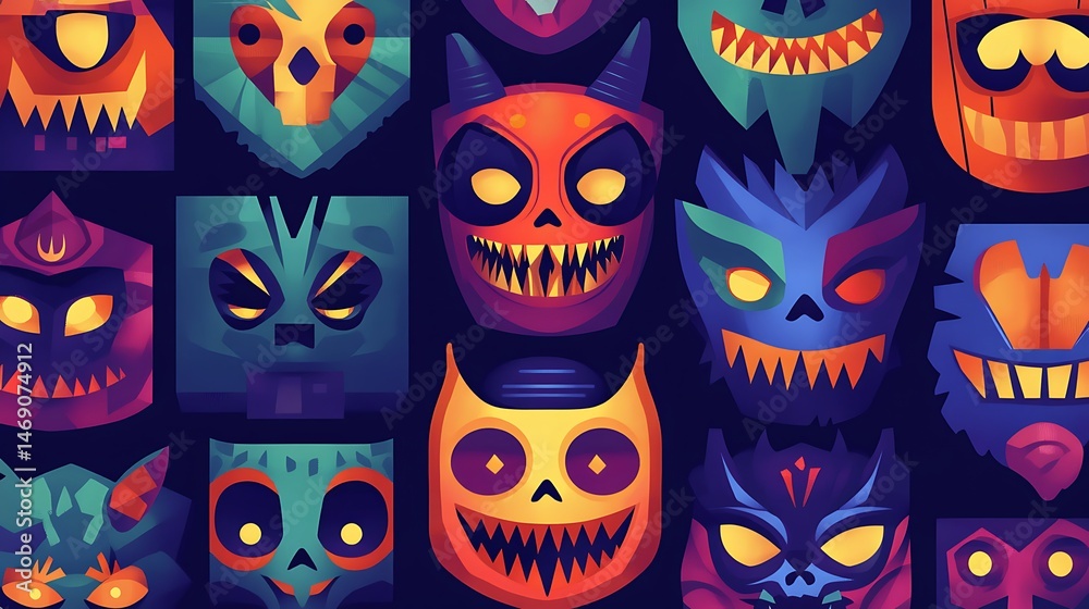 Halloween Monster Faces Pattern.