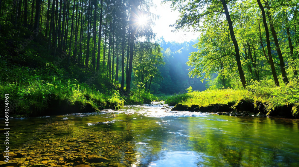 Obraz premium Serene landscape featuring tranquil river flowing through lush green forest, illuminated by sunlight