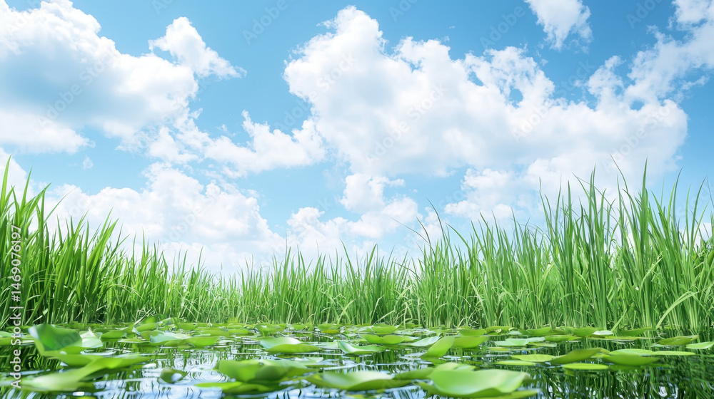 Obraz premium Serene wetland scene featuring lush green grass and lily pads floating on calm water under bright blue sky with fluffy clouds