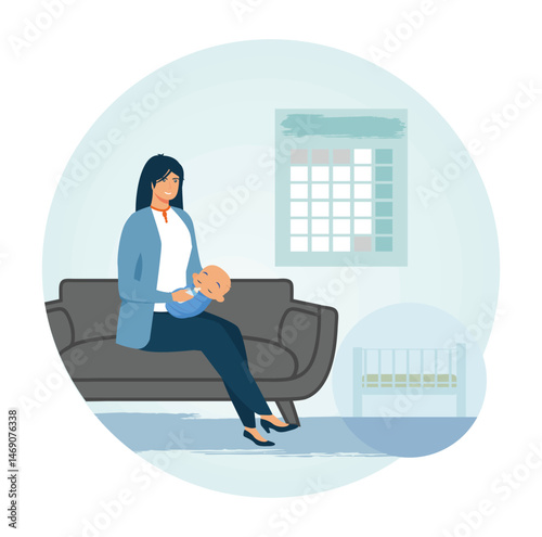 Maternity leave concept. Mother Sitting on Sofa Holding Baby in Cozy Living Room.