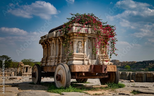 Spring Hampi, Karnataka ,Ruins meet bloom, india, Ornate temple chariot, adorned with flowers, in India