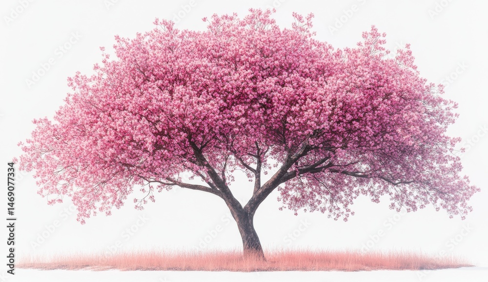 Fototapeta premium Pink Cherry Blossom Tree in Full Bloom Against White Background