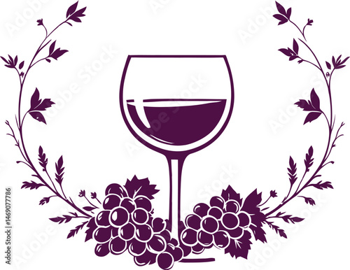 Wine and Grapes Silhouette Featuring a Classic Wine Glass Surrounded by Lush Grape Clusters and Decorative Leaves, Evoking the Essence of Viticulture and Fine Winemaking