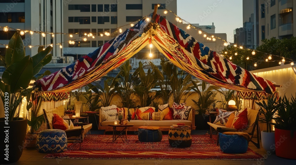 Fototapeta premium Blanket canopy anchored by furniture, strung with lights, interior cushioned with throws and pillows