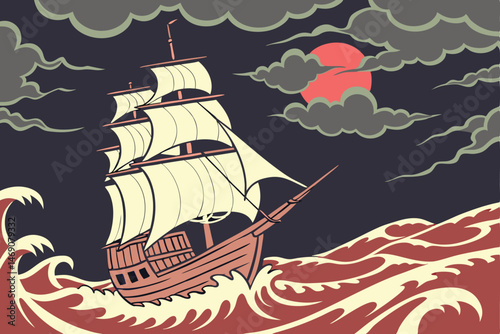 29 Majestic sailing ship, stormy sea, dramatic cloudy sky, glowing red water, turbulent waves, ghostly atmosphere, eerie lighting, cinematic composition, fantasy adventure, high contrast, detailed tex