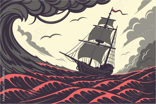 29 Majestic sailing ship, stormy sea, dramatic cloudy sky, glowing red water, turbulent waves, ghostly atmosphere, eerie lighting, cinematic composition, fantasy adventure, high contrast, detailed tex
