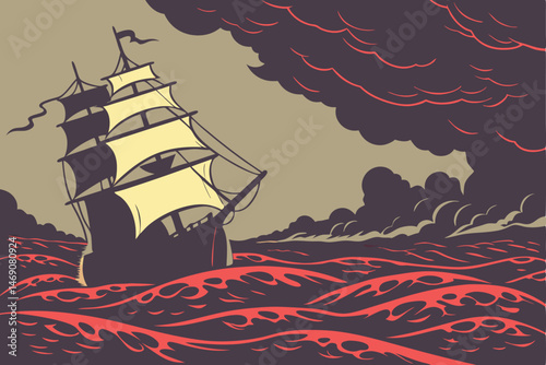 29 Majestic sailing ship, stormy sea, dramatic cloudy sky, glowing red water, turbulent waves, ghostly atmosphere, eerie lighting, cinematic composition, fantasy adventure, high contrast, detailed tex
