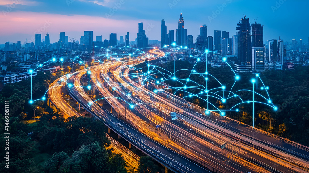 Obraz premium Night City Highway with Network Connections