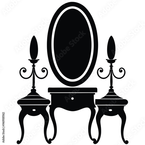 A black silhouette reveals a vanity table with mirror and elegant candle holders