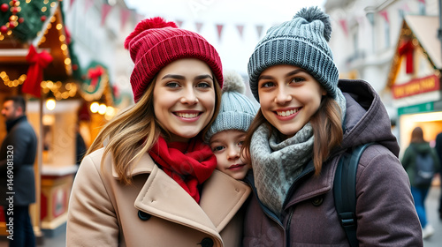 Outdoor photo of young beautiful happy family, posing in street. Festive Christmas fair on background. Mother and son wearing stylish winter coat, knitted beanie hat. Happiness to be a parent.
