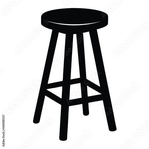 A black stool features a round seat and sturdy leg supports on a white backdrop
