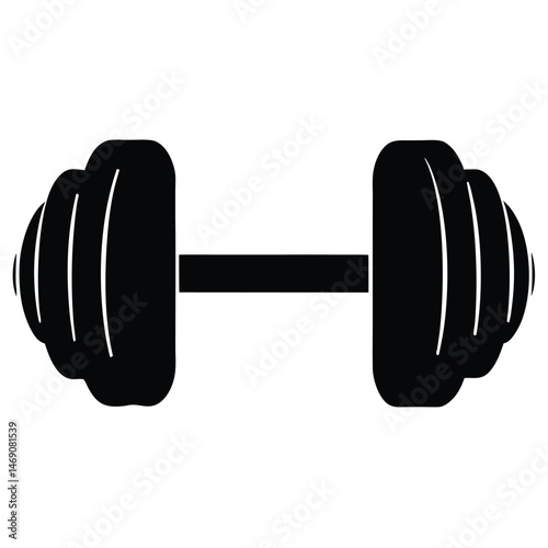 A bold black dumbbell with layered weights is depicted against a stark white background