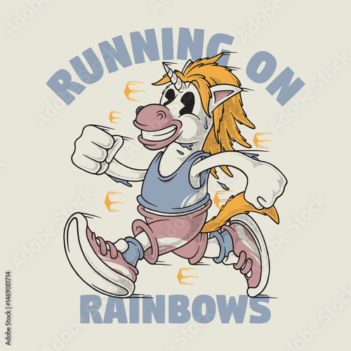 retro cartoon emblem of running unicorn