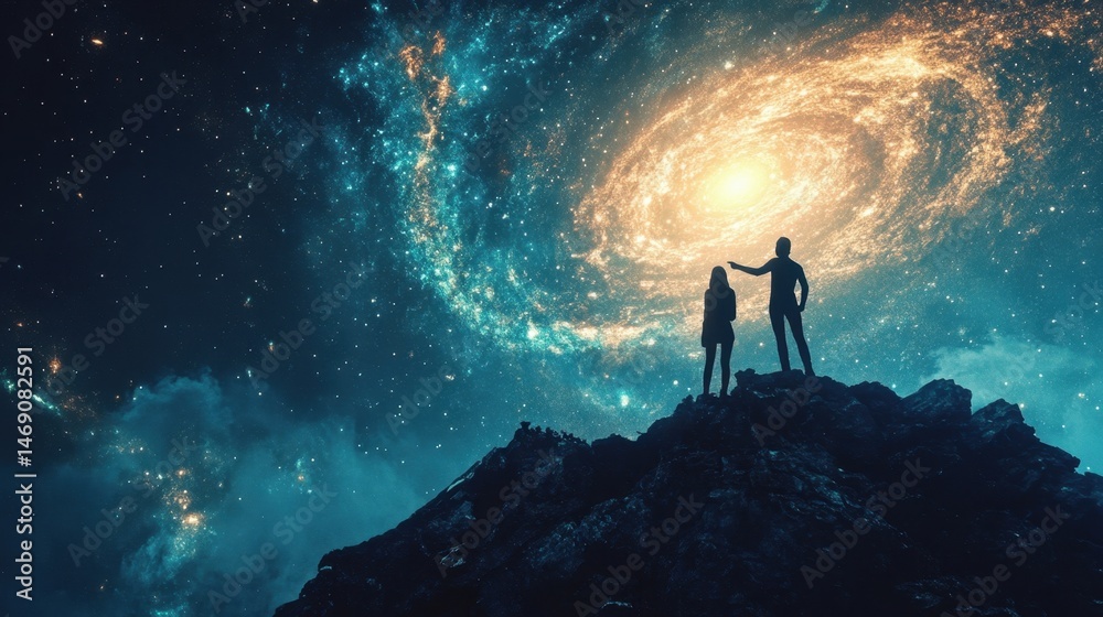 Fototapeta premium A couple stands on a mountain under a swirling galaxy in space. They gaze in wonder at the cosmic beauty above them.