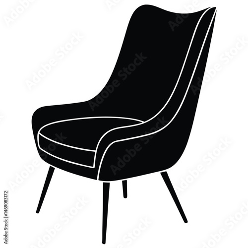 An elegant black chair featuring a unique modern silhouette stands on a white background